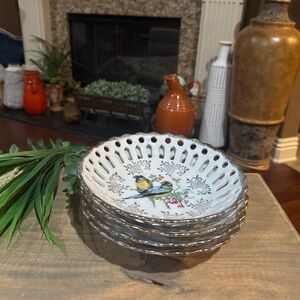 Set of 4 Vintage Collector Bowls with lattice edges, Birds, Flowers Gold Border